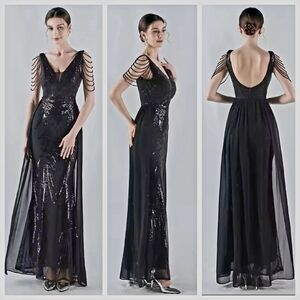 Elegant Black V-Neck 3/4 Sleeve Prom Gown